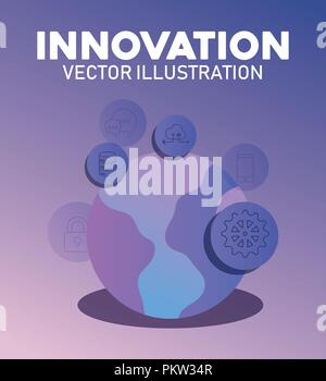 innovation and technology design with earth planet and related icons over purple background, colorful design. vector illustration Stock Vector