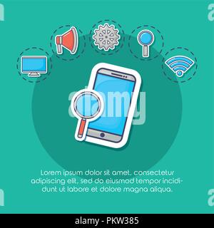 infographic of innovation and technology concept with cellphone and related icons over turquoise background, colorful design. vector illustration Stock Vector