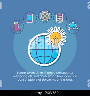 infographic of innovation and technology concept with global sphere over blue background, colorful design. vector illustration Stock Vector