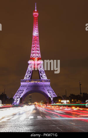 The light show on the Eiffel Tower,on the night of Sept. 13 2018 to celebrate the 160th anniversary of Japan-France friendship. Stock Photo