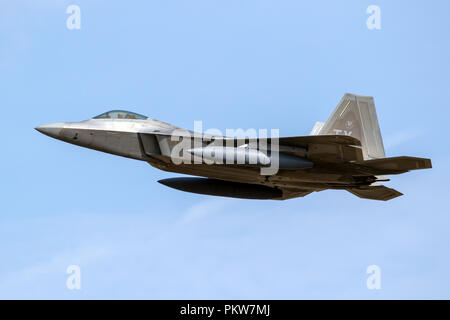 SPANGDAHLEM, GERMANY - 29 AUG, 2018: US Air Force Lockheed Martin F-22 Raptor stealth air superiority fighter jet taking off from Spangdahlem Air Base Stock Photo