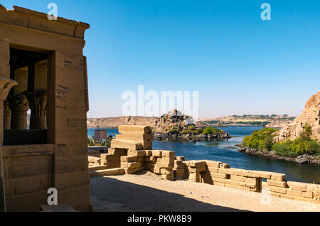 View from Temple of Philae on Agilkia Island to Lake Nasser, River Nile, Aswan, Egypt, Africa Stock Photo