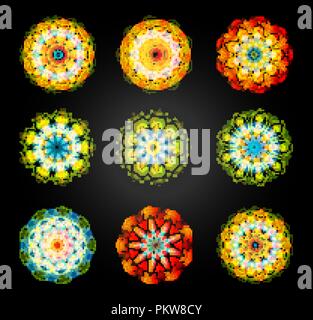 Circular vector pattern set. Caleidoscope, mandala, diwali decoration on black background. Stock Vector