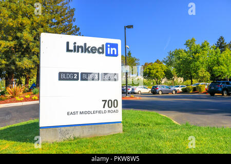 Mountain View, CA, United States - August 13, 2018: Linkedin Corp Sign at 700 East Middlefield Road, new Linkedin company campus HQ in Silicon Valley. Linkedin connects the world's professionals Stock Photo