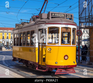 Lisbon tram in Praca do Imperio, Belem district, Lisbon, Portugal Stock Photo