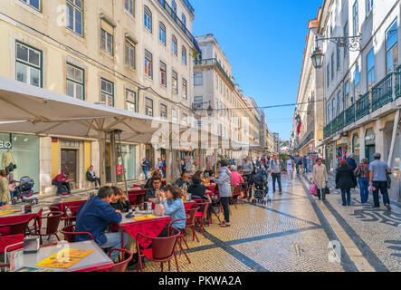 Cafes, bars,restaurants and shops on Rua da Augusta, Baixa district, Lisbon, Portugal Stock Photo