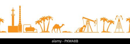 Vector seamless pattern with equipment for oil production, refinery plant, camel, palm trees. Heading or footer banner. Design for wrapping, fabric, p Stock Vector