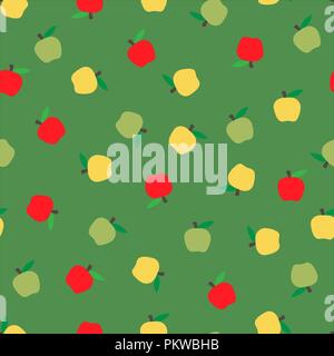 Autumn green background with apples. Packaging paper for gifts, design. Multicolored vector apples on a dark background. school template. layout. Stock Vector