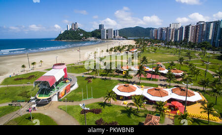 Sao Vicente Beach, Brazil, beautiful beach in South America. Cable car to the mountains.