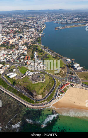 Aerial view of Fort Scratchley and Nobbys Beach - Newcastle Australia. Fort Scratchley was an important military base in WW2 protecting the industrial Stock Photo