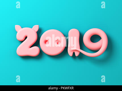 Concept 2019 With Numbers As Pig Ears, Nose, Leg And Tail On Blue Background. 3D Illustration. Stock Photo