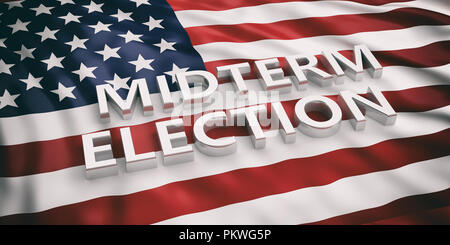 USA midterm election. Midterm elections text on American flag background, 3d illustration. Stock Photo