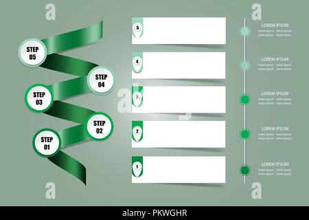 Infographic presentation of green metal spiral showing five steps of process, five empty white notes ready for your text and timeline for five steps o Stock Vector