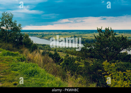 Panorama from the steep bank of the Irtysh River on a September spring day Stock Photo