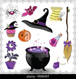 Violet halloween cartoon set of various objects for witches isolated on white background. Vector icons, clip art, elements for magic witchcraft. Pot,  Stock Vector