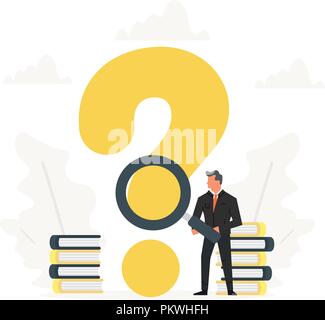 Businessman holds a magnifying glass and stand near with big question mark. Vector illustration of a flat design. Cartoon office man is thinking. Stock Vector