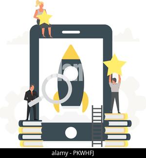 Rocket launch to the sky from the large phone up to the stars with small office people around it. Businessmen start their own new mobile app. Startup concept and internet learning. Stock Vector
