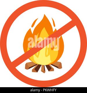 Vector flammable, hazard warning symbol design illustration. Forbidden to build a fire. Red line cross in circle with campfire Stock Vector