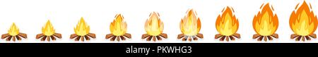 Set of camp fire sprites for animation. Vector cartoon illustration bonfire burning frames. Explosion, torch, campfire for game design. Stock Vector