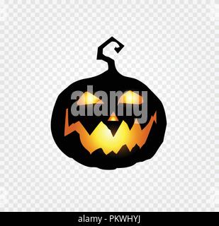 Halloween night vector illustration of scary and evil pumpkin jack o lantern with glowing face, terrible look and a smirk of a villain, in the dark is Stock Vector