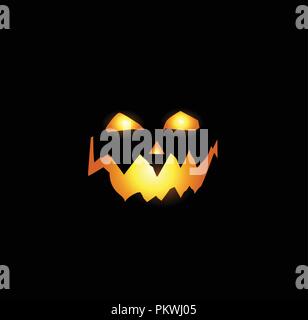 Halloween night vector illustration of scary and evil pumpkin jack o lantern glowing face with terrible look and a smirk of a villain, in the dark iso Stock Vector
