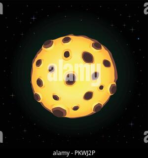 Vector illustration of yellow cartoon gradient full moon with brown craters glowing in the night sky among the sparkling stars. Digital design element Stock Vector