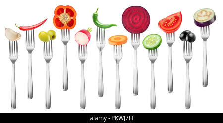 Isolated vegetables collection. Pieces of garlic, peppers, olives, radish, carrot, beet, cucumber, tomato and eggplant on a fork isolated on white bac Stock Photo