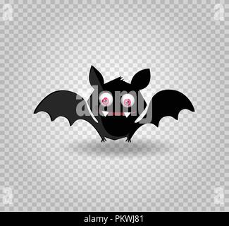 Vector illustration of cute funny black smiling bat with red eyes cartoon character isolated on transparent background. Halloween digital design eleme Stock Vector