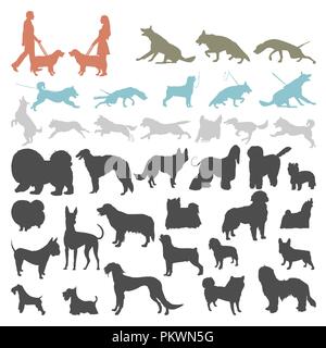 Dog silhouettes on white background. Set of dog silhouettes doing different activities. Dog jumping, running, barking. Stock Vector