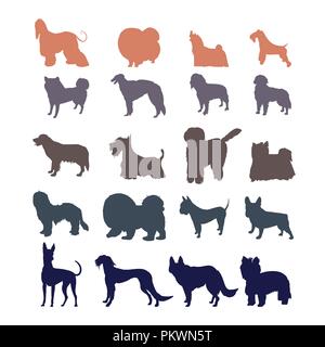 Dog silhouettes isolated on white background.  Different dog breed silhouettes collection. Stock Vector