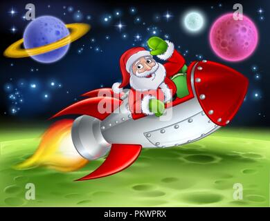 Santa in Space Rocket Cartoon Illustration Stock Vector