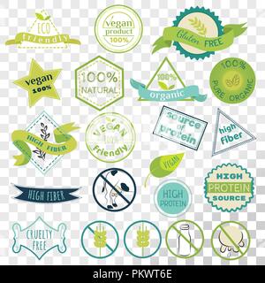 Set of labels for vegans, gluten free and diary free badges.Signs for natural organic food, that contains high fiber and protein. Eco friendly emblem Stock Vector