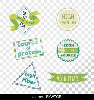 High fiber label collection isolated on transparent background. Emblems for products that contain high fiber or protein level. Stock Vector