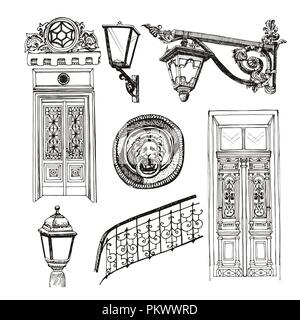 Old style doors and building elements isolated on white background. Forged railings and lanterns in vintage style. Stock Vector