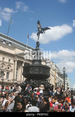 The photograph was taken of the Statue of Eros in Piccadilly Circus in Central London in July 2016.  It was a sunny day. Stock Photo