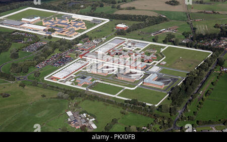 aerial view of HMP Wymott and HMP Garth (furthest away), two adjacent prisons near Leyland, Lancashire Stock Photo