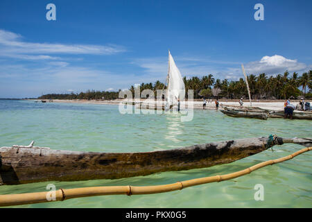 View from authentic wooden african boat, made of mango tree. Galu - Kinondo beach, Kenya... Stock Photo