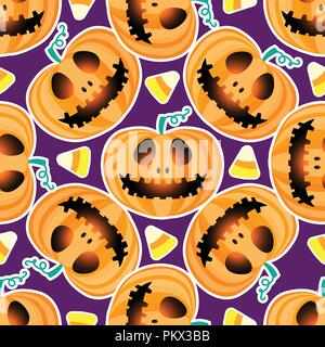 Happy Halloween jackolantern seamless pattern. Jack lantern Vector illustration isolated on purple background. Stock Vector
