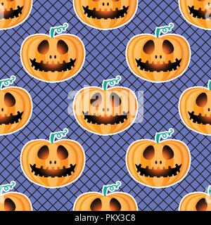Happy Halloween jackolantern seamless pattern. Jack lantern with black fishnet tights. Vector illustration isolated on blue background. Stock Vector
