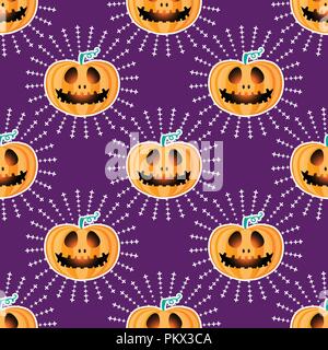 Happy Halloween jackolantern seamless pattern. Jack lantern with rays. Vector illustration isolated on purple background. Stock Vector