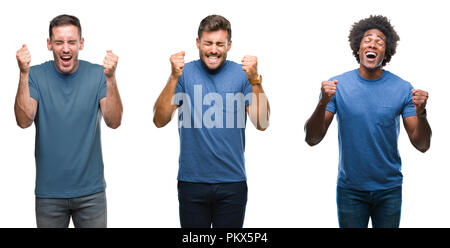 Collage of group of hispanic and african american men over isolated background excited for success with arms raised celebrating victory smiling. Winne Stock Photo