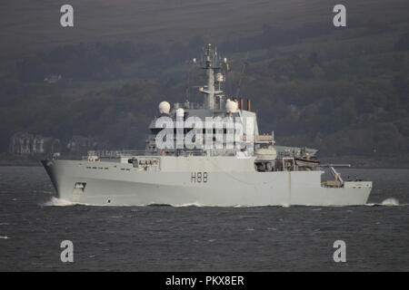 HMS Enterprise (H88), an Echo-class hydrographic survey vessel operated by the Royal Navy, passing Gourock during Exercise Joint Warrior 13-2. Stock Photo