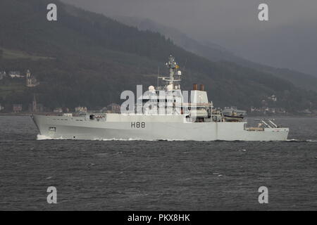 HMS Enterprise (H88), an Echo-class hydrographic survey vessel operated by the Royal Navy, passing Gourock during Exercise Joint Warrior 13-2. Stock Photo