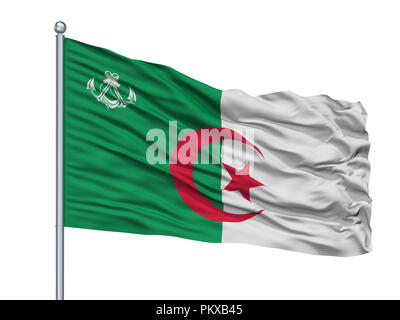 Algeria Naval Ensign Flag On Flagpole, Isolated On White Background, 3D Rendering Stock Photo