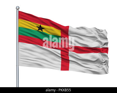 Ghana Naval Ensign Flag On Flagpole, Isolated On White Background, 3D Rendering Stock Photo