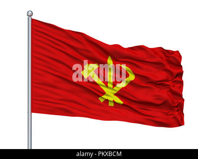 Workers Party Of Korea Flag On Flagpole, Isolated On White Background, 3D Rendering Stock Photo