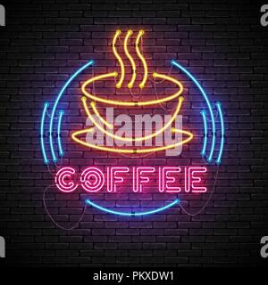 Shining and glowing neon coffee sign in frame. Stock Vector