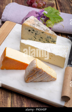 Tasting plate with four France cheeses, cream brie, marcaire, saint paulin and blue auvergne cheese, served with fresh ripe grapes close up Stock Photo