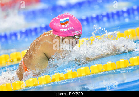 Doha, Qatar. 15th Sep, 2018. Yuliya Efimova of Russia competes during the Women's 50m Breaststroke Final of FINA Swimming World Cup Doha, Qatar 2018 in Doha, Qatar, capital of Qatar on Sept. 15, 2018. Yuliya Efimova claimed the title with 30.43. Credit: Nikku/Xinhua/Alamy Live News Stock Photo