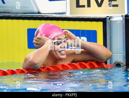 Doha, Qatar. 15th Sep, 2018. Yuliya Efimova of Russia reacts after winning the Women's 50m Breaststroke Final of FINA Swimming World Cup Doha, Qatar 2018 in Doha, Qatar, capital of Qatar on Sept. 15, 2018. Yuliya Efimova claimed the title with 30.43. Credit: Nikku/Xinhua/Alamy Live News Stock Photo